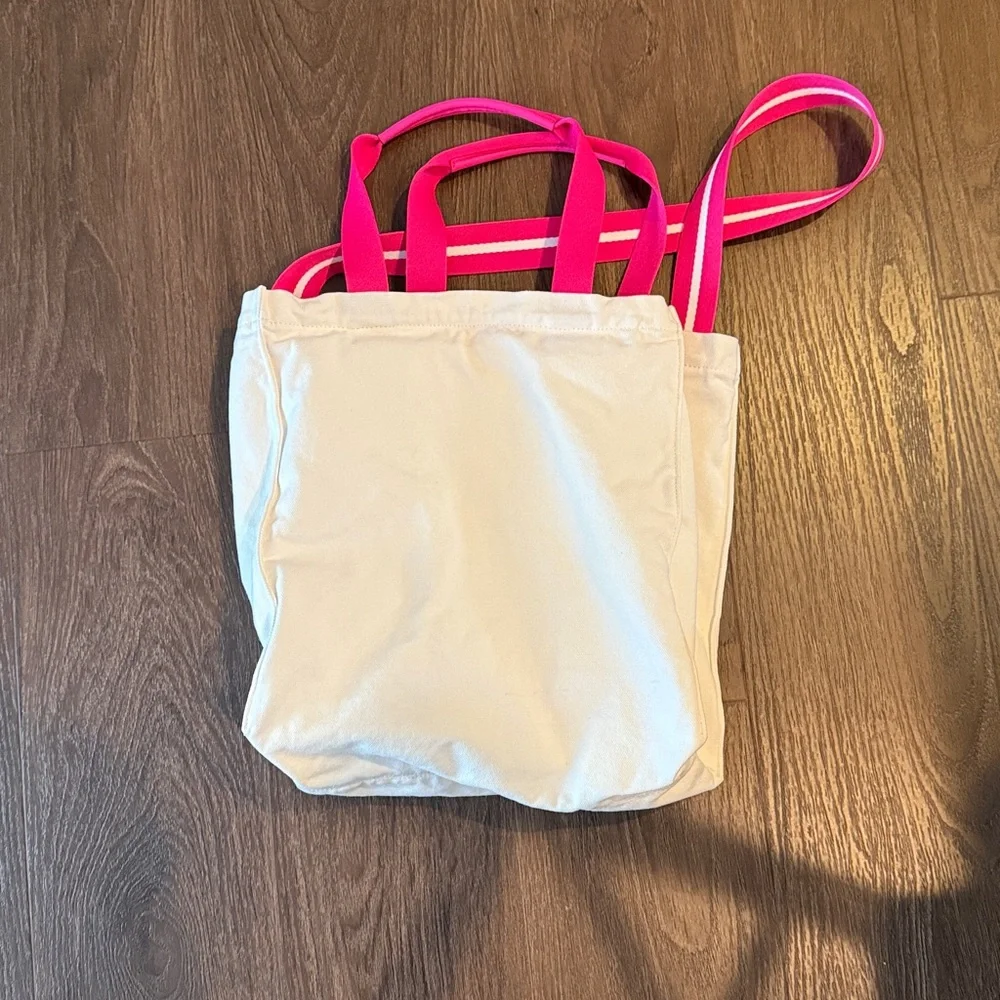 Kate Spade Cream Canvas Tote with Rainbow Text and Pink Straps-EUC - Picture 2 of 4